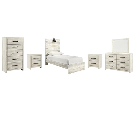 Cambeck Twin Panel Bed with Mirrored Dresser, Chest and 2 Nightstands JR Furniture Store