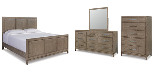 Chrestner California King Panel Bed with Mirrored Dresser and Chest JR Furniture Store
