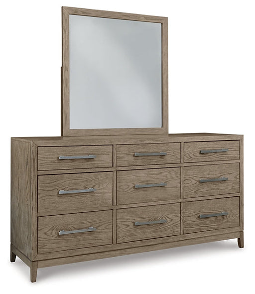 Chrestner King Panel Bed with Mirrored Dresser and Chest JR Furniture Store