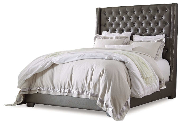 Coralayne California King Upholstered Bed with Mirrored Dresser and Chest JR Furniture Store