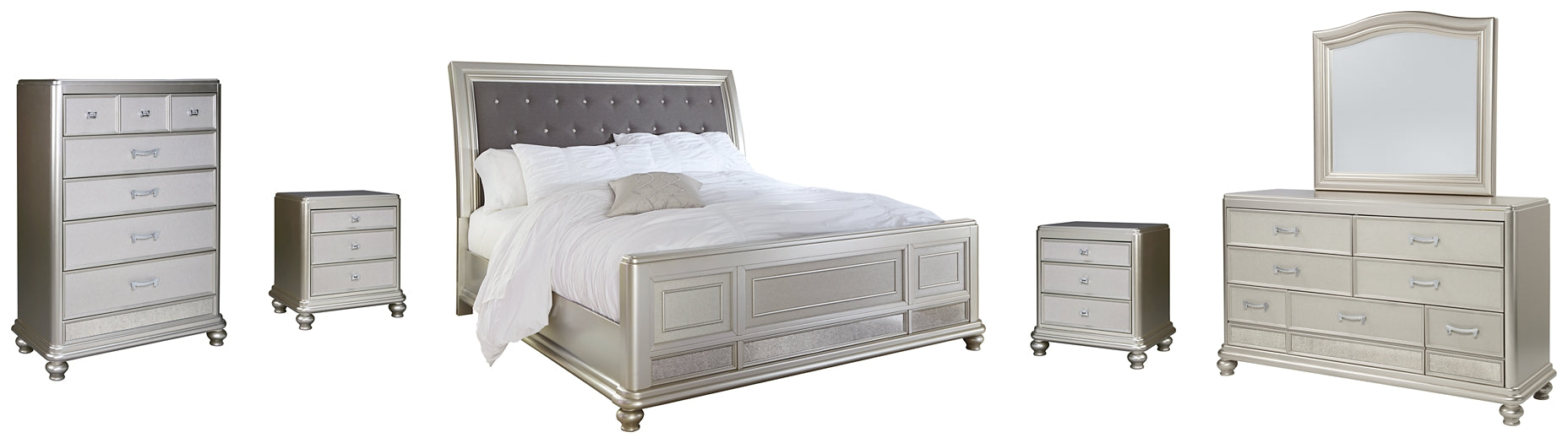 Coralayne California King Upholstered Sleigh Bed with Mirrored Dresser, Chest and 2 Nightstands JR Furniture Store