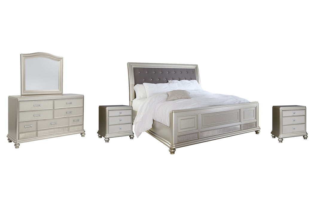 Coralayne California King Upholstered Sleigh Bed with Mirrored Dresser and 2 Nightstands JR Furniture Store