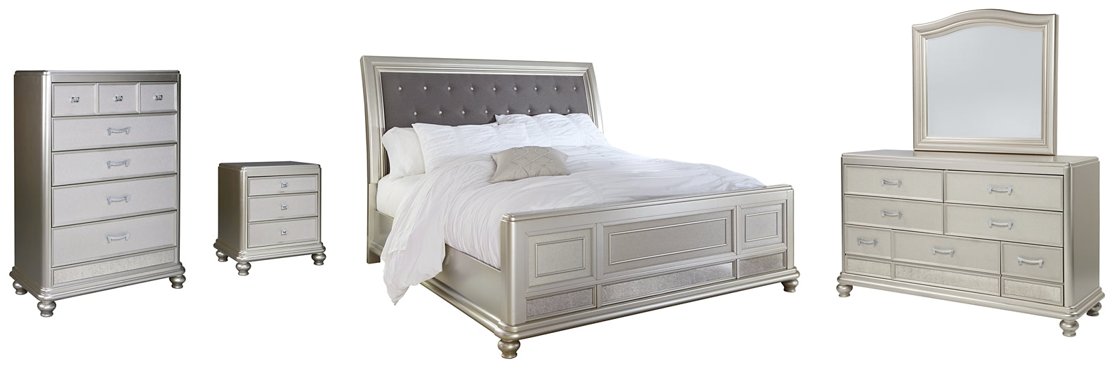 Coralayne Queen Upholstered Sleigh Bed with Mirrored Dresser, Chest and Nightstand JR Furniture Store