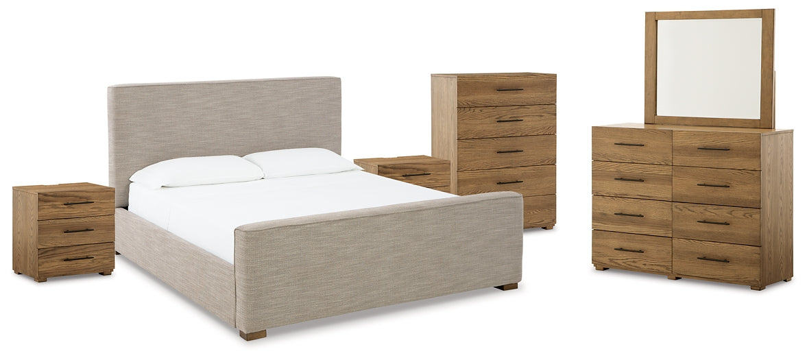 Dakmore California King Upholstered Bed with Mirrored Dresser, Chest and 2 Nightstands JR Furniture Store