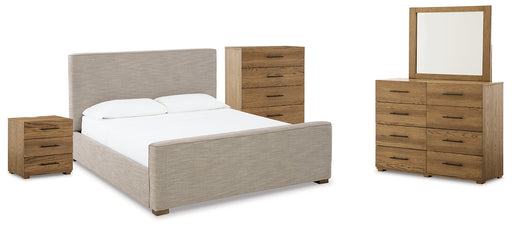 Dakmore California King Upholstered Bed with Mirrored Dresser, Chest and Nightstand JR Furniture Store