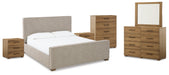 Dakmore Queen Upholstered Bed with Mirrored Dresser, Chest and 2 Nightstands JR Furniture Store