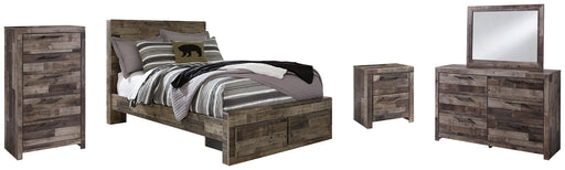 Derekson Full Panel Bed with 2 Storage Drawers with Mirrored Dresser, Chest and Nightstand JR Furniture Store
