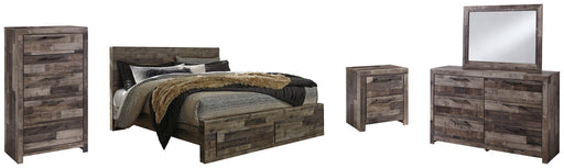 Derekson King Panel Bed with 2 Storage Drawers with Mirrored Dresser, Chest and Nightstand JR Furniture Store
