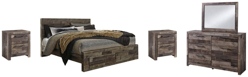 Derekson King Panel Bed with 2 Storage Drawers with Mirrored Dresser and 2 Nightstands JR Furniture Store