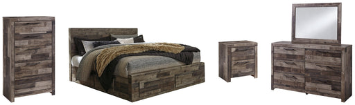 Derekson King Panel Bed with 4 Storage Drawers with Mirrored Dresser, Chest and Nightstand JR Furniture Store