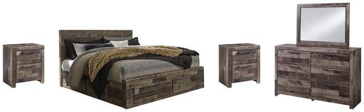 Derekson King Panel Bed with 4 Storage Drawers with Mirrored Dresser and 2 Nightstands JR Furniture Store