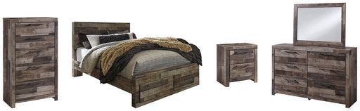 Derekson Queen Panel Bed with 2 Storage Drawers with Mirrored Dresser, Chest and Nightstand JR Furniture Store