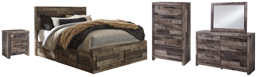 Derekson Queen Panel Bed with 6 Storage Drawers with Mirrored Dresser, Chest and Nightstand JR Furniture Store