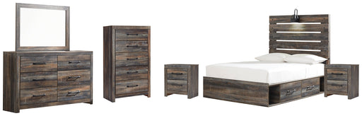 Drystan Full Panel Bed with 4 Storage Drawers with Mirrored Dresser, Chest and 2 Nightstands JR Furniture Store