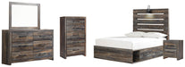 Drystan Full Panel Bed with 4 Storage Drawers with Mirrored Dresser, Chest and Nightstand JR Furniture Store