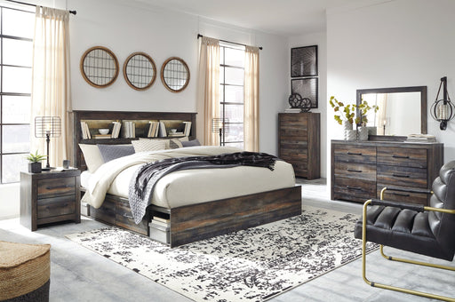 Drystan King Bookcase Bed with 2 Storage Drawers with Mirrored Dresser, Chest and Nightstand JR Furniture Store