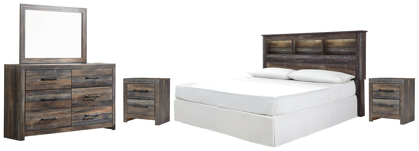 Drystan King/California King Bookcase Headboard with Mirrored Dresser and 2 Nightstands JR Furniture Store
