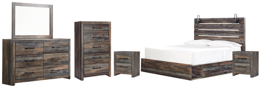 Drystan King Panel Bed with 2 Storage Drawers with Mirrored Dresser, Chest and 2 Nightstands JR Furniture Store