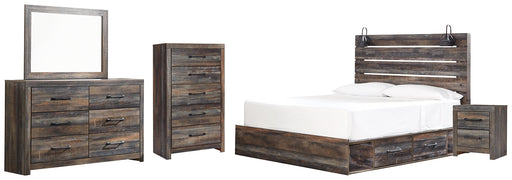 Drystan King Panel Bed with 2 Storage Drawers with Mirrored Dresser, Chest and Nightstand JR Furniture Store