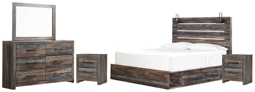 Drystan King Panel Bed with 2 Storage Drawers with Mirrored Dresser and 2 Nightstands JR Furniture Store