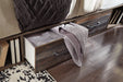 Drystan King Panel Bed with 2 Storage Drawers with Mirrored Dresser and Chest JR Furniture Store