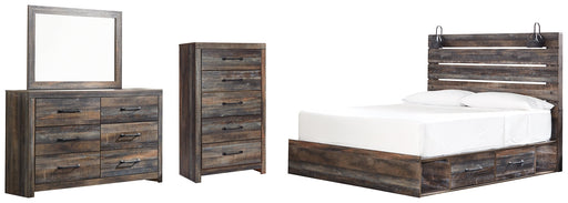 Drystan King Panel Bed with 2 Storage Drawers with Mirrored Dresser and Chest JR Furniture Store