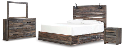 Drystan King Panel Bed with 2 Storage Drawers with Mirrored Dresser and Nightstand JR Furniture Store