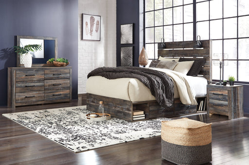 Drystan King Panel Bed with 2 Storage Drawers with Mirrored Dresser and Nightstand JR Furniture Store