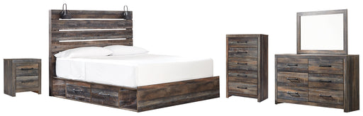 Drystan King Panel Bed with 4 Storage Drawers with Mirrored Dresser, Chest and Nightstand JR Furniture Store