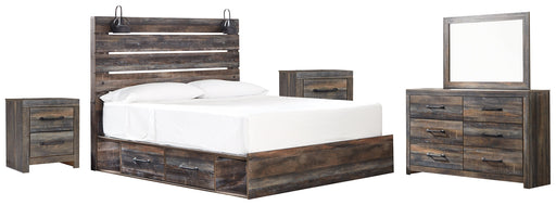 Drystan King Panel Bed with 4 Storage Drawers with Mirrored Dresser and 2 Nightstands JR Furniture Store