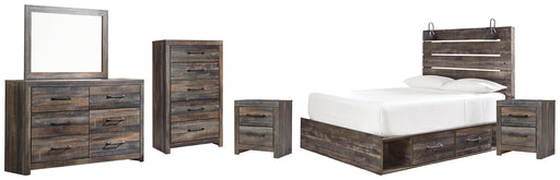 Drystan King Panel Bed with Mirrored Dresser, Chest and 2 Nightstands JR Furniture Store