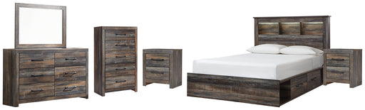 Drystan Queen Bookcase Bed with 2 Storage Drawers with Mirrored Dresser, Chest and 2 Nightstands JR Furniture Store