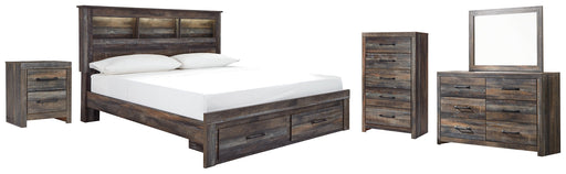 Drystan Queen Bookcase Bed with 2 Storage Drawers with Mirrored Dresser, Chest and Nightstand JR Furniture Store