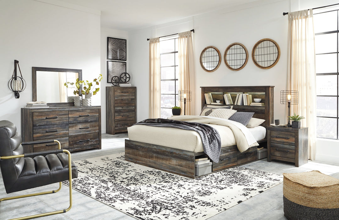 Drystan Queen Bookcase Bed with 4 Storage Drawers with Mirrored Dresser, Chest and 2 Nightstands JR Furniture Store