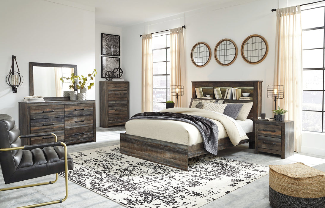 Drystan Queen Bookcase Bed with Mirrored Dresser, Chest and 2 Nightstands JR Furniture Store