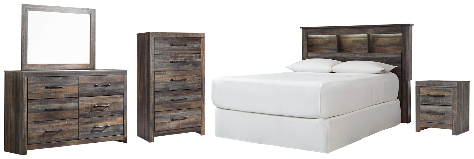 Drystan Queen/Full Bookcase Headboard with Mirrored Dresser, Chest and Nightstand JR Furniture Store