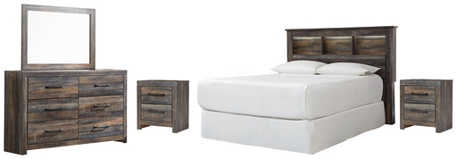 Drystan Queen/Full Bookcase Headboard with Mirrored Dresser and 2 Nightstands JR Furniture Store