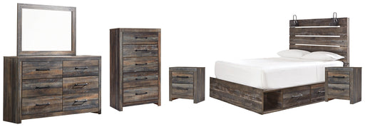 Drystan Queen Panel Bed with 2 Storage Drawers with Mirrored Dresser, Chest and 2 Nightstands JR Furniture Store