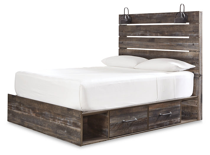 Drystan Queen Panel Bed with 2 Storage Drawers with Mirrored Dresser, Chest and 2 Nightstands JR Furniture Store