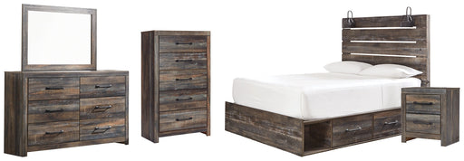 Drystan Queen Panel Bed with 2 Storage Drawers with Mirrored Dresser, Chest and Nightstand JR Furniture Store