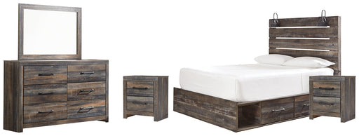 Drystan Queen Panel Bed with 2 Storage Drawers with Mirrored Dresser and 2 Nightstands JR Furniture Store