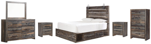 Drystan Queen Panel Bed with 4 Storage Drawers with Mirrored Dresser, Chest and 2 Nightstands JR Furniture Store