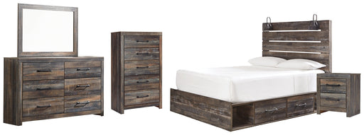 Drystan Queen Panel Bed with 4 Storage Drawers with Mirrored Dresser, Chest and Nightstand JR Furniture Store