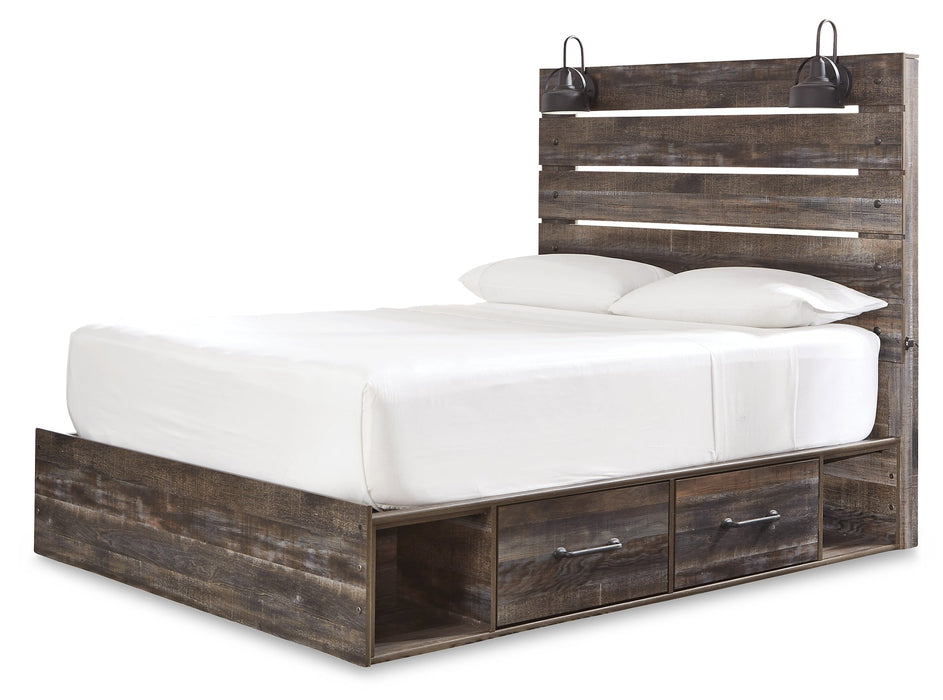 Drystan Queen Panel Bed with 4 Storage Drawers with Mirrored Dresser and 2 Nightstands JR Furniture Store