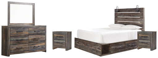 Drystan Queen Panel Bed with 4 Storage Drawers with Mirrored Dresser and 2 Nightstands JR Furniture Store