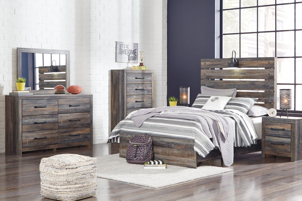Drystan Queen Panel Bed with Mirrored Dresser and 2 Nightstands JR Furniture Store