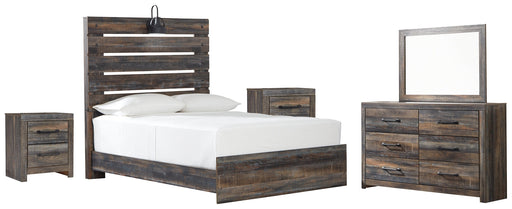 Drystan Queen Panel Bed with Mirrored Dresser and 2 Nightstands JR Furniture Store