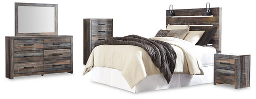 Drystan Queen Panel Headboard with Mirrored Dresser, Chest and Nightstand JR Furniture Store