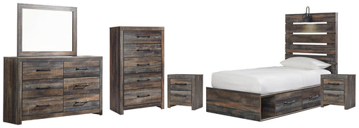 Drystan Twin Panel Bed with 4 Storage Drawers with Mirrored Dresser, Chest and 2 Nightstands JR Furniture Store