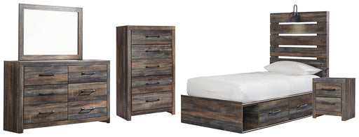 Drystan Twin Panel Bed with 4 Storage Drawers with Mirrored Dresser, Chest and Nightstand JR Furniture Store